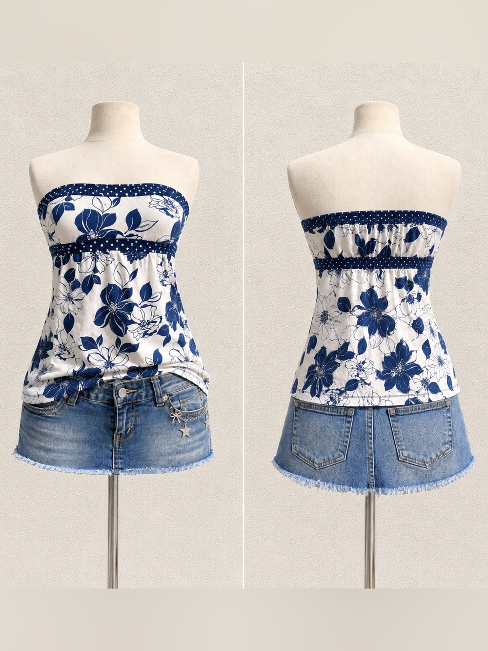 Y2K Abercrombie & Fitch Floral Babydoll Tube Top Strapless Blue White Size L